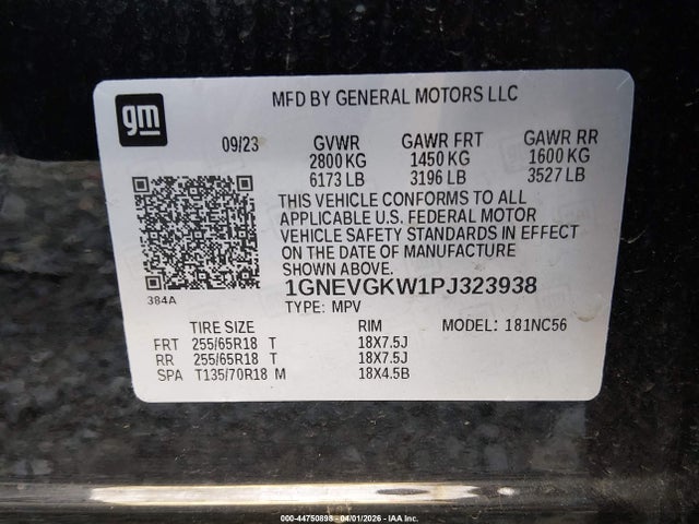 Продажа на аукционе авто 2023 Chevrolet Traverse Awd Lt Cloth, vin: 1GNEVGKW1PJ323938, номер лота: 44750898