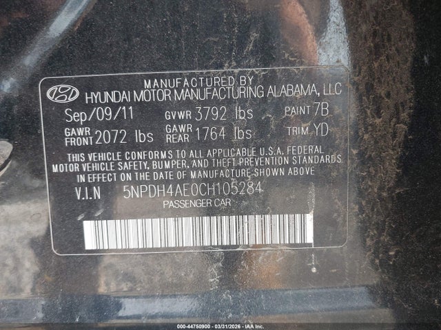 Продаж на аукціоні авто 2012 Hyundai Elantra Limited, vin: 5NPDH4AE0CH105284, номер лоту: 44750900