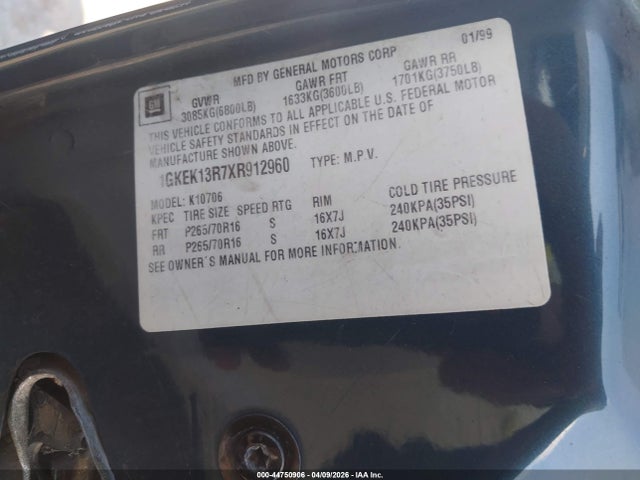 Продажа на аукционе авто 1999 Gmc Yukon Denali, vin: 1GKEK13R7XR912960, номер лота: 44750906