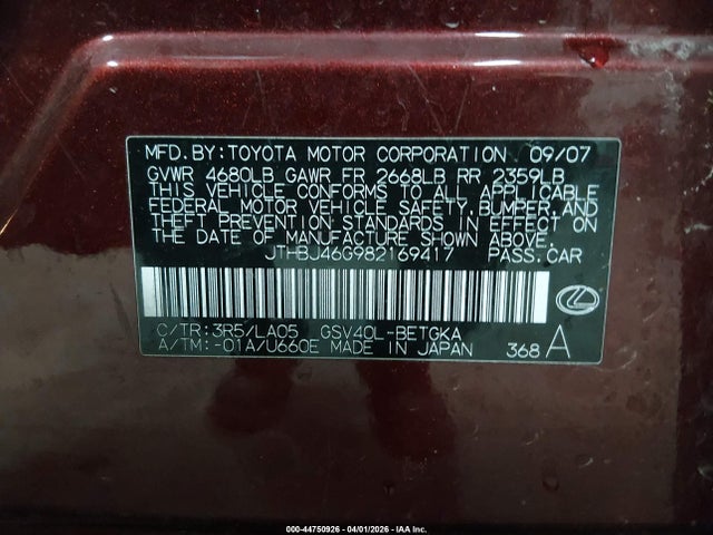Aukcja sprzedaży 2008 Lexus Es 350, vin: JTHBJ46G982169417, numer aukcji: 44750926