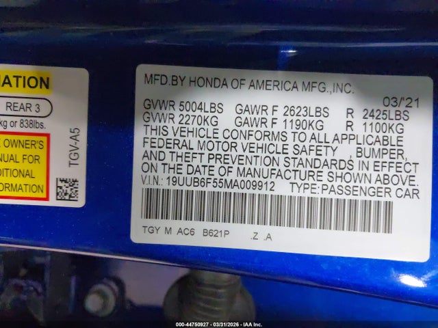 Aukcja sprzedaży 2021 Acura Tlx A-spec Package, vin: 19UUB6F55MA009912, numer aukcji: 44750927