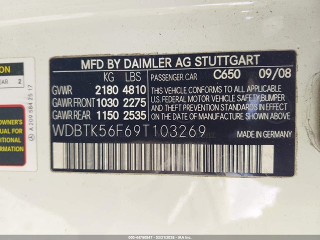 Продаж на аукціоні авто 2009 Mercedes-benz Clk 350, vin: WDBTK56F69T103269, номер лоту: 44750947