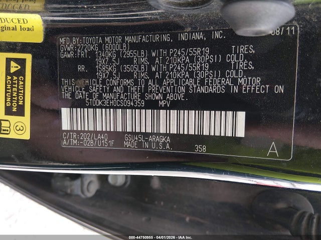 Aukcja sprzedaży 2012 Toyota Highlander Limited V6, vin: 5TDDK3EH0CS094359, numer aukcji: 44750955