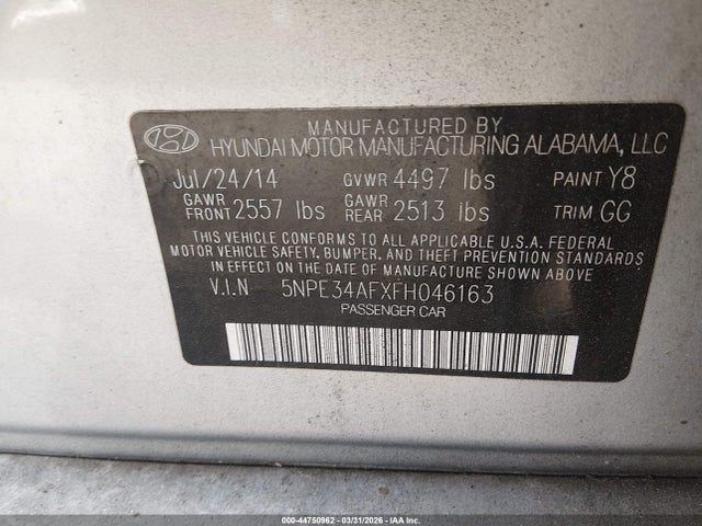 2015 Hyundai Sonata Sport მანქანა იყიდება აუქციონზე, vin: 5NPE34AFXFH046163, აუქციონის ნომერი: 44750962