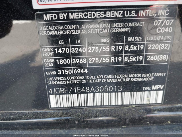 2008 Mercedes-benz Gl 450 4matic მანქანა იყიდება აუქციონზე, vin: 4JGBF71E48A305013, აუქციონის ნომერი: 44750981
