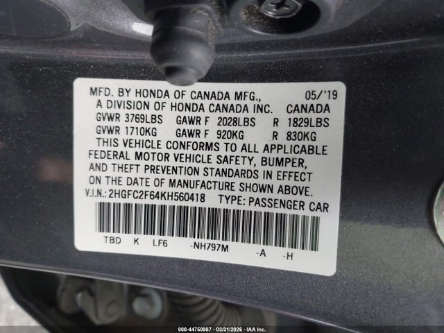 Honda Civic Lx 2019 2HGFC2F64KH560418 Image 9