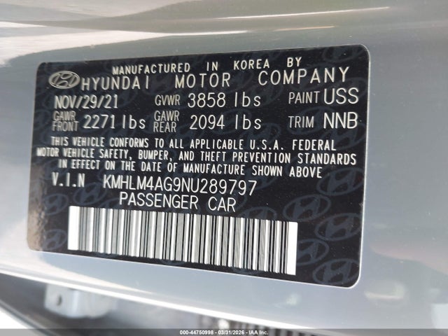 KMHLM4AG9NU289797 Hyundai ELANTRA SEL