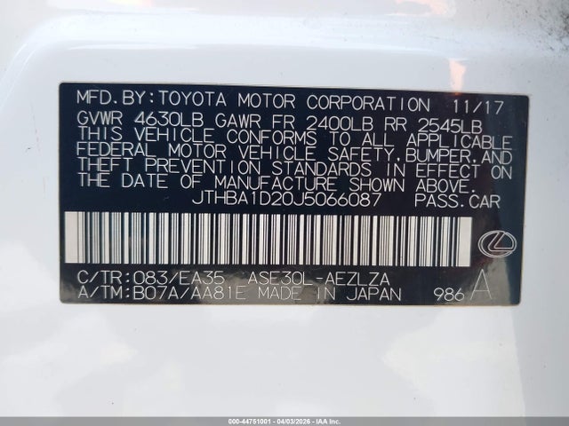 Aukcja sprzedaży 2018 Lexus Is 300, vin: JTHBA1D20J5066087, numer aukcji: 44751001