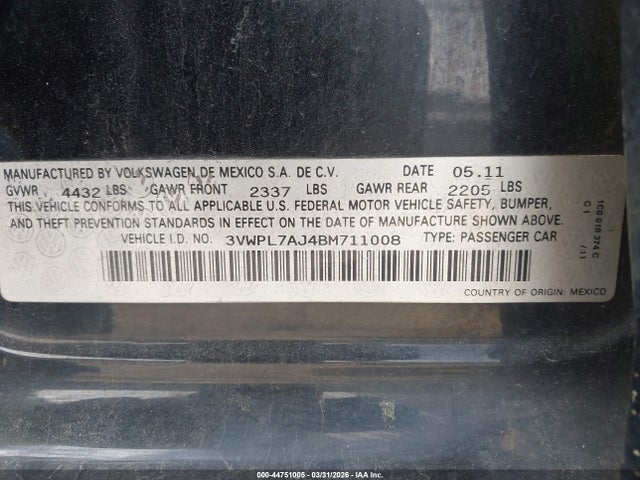 44751005 :رقم المزاد ، 3VWPL7AJ4BM711008 vin ، 2011 Volkswagen Jetta Sportwagen 2.0l Tdi مزاد بيع