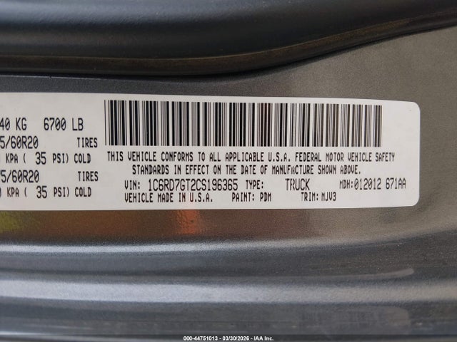 44751013 :رقم المزاد ، 1C6RD7GT2CS196365 vin ، 2012 Ram 1500 Slt مزاد بيع