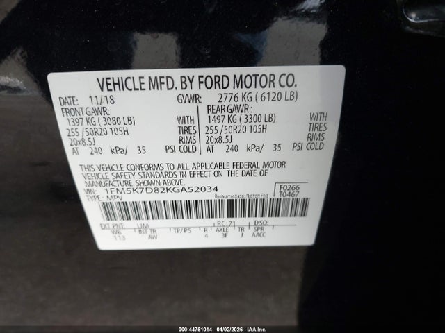 Ford EXPLORER XLT 2019 1FM5K7D82KGA52034 Image 9