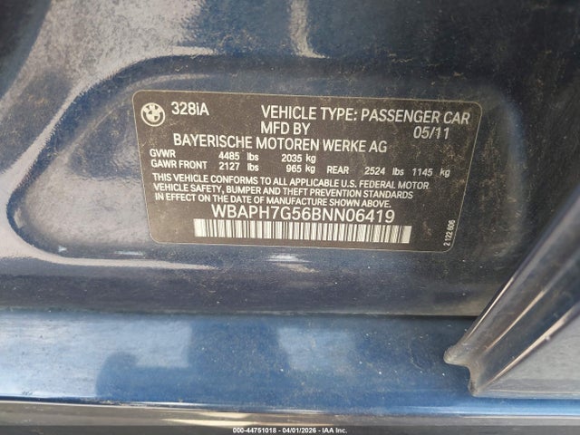 44751018 :رقم المزاد ، WBAPH7G56BNN06419 vin ، 2011 Bmw 328i مزاد بيع