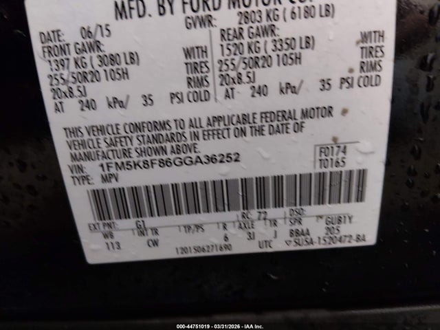 Продажа на аукционе авто 2016 Ford Explorer Limited, vin: 1FM5K8F86GGA36252, номер лота: 44751019