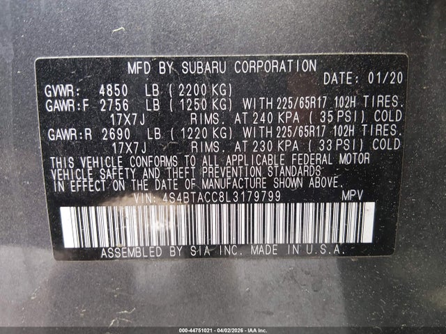 44751021 :رقم المزاد ، 4S4BTACC8L3179799 vin ، 2020 Subaru Outback Premium مزاد بيع