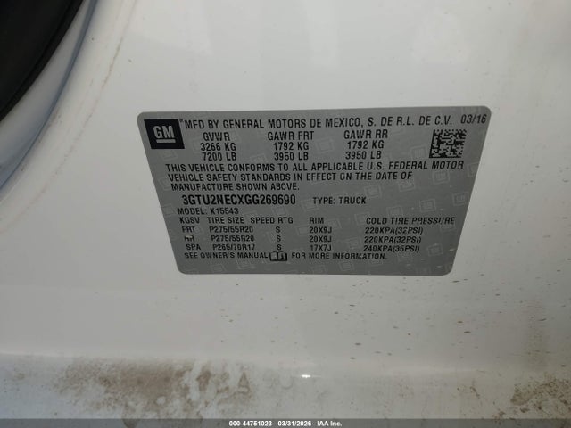 Aukcja sprzedaży 2016 Gmc Sierra 1500 Slt, vin: 3GTU2NECXGG269690, numer aukcji: 44751023
