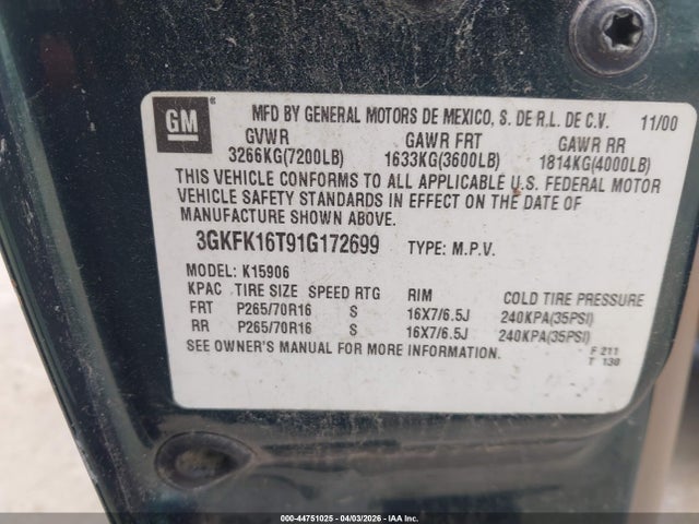 Продажа на аукционе авто 2001 Gmc Yukon Xl 1500 Sle, vin: 3GKFK16T91G172699, номер лота: 44751025