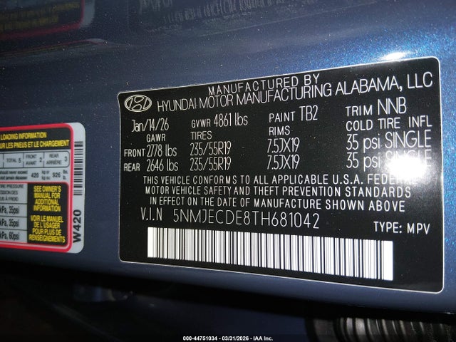 Продажа на аукционе авто 2026 Hyundai Tucson Limited, vin: 5NMJECDE8TH681042, номер лота: 44751034