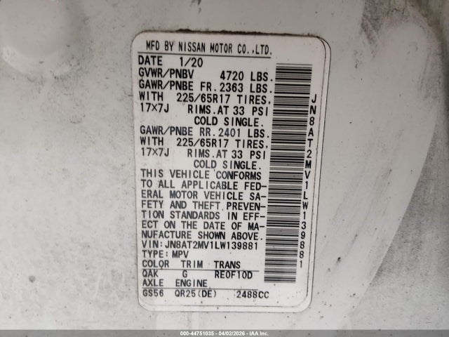 JN8AT2MV1LW139881 Nissan Rogue S Intelligent Awd