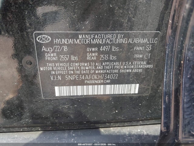Aukcja sprzedaży 2019 Hyundai Sonata Sport, vin: 5NPE34AF0KH734022, numer aukcji: 44751037