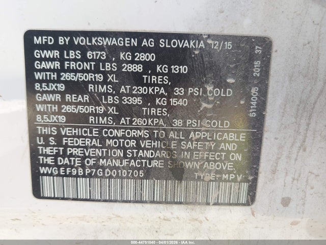 Продаж на аукціоні авто 2016 Volkswagen Touareg Vr6 Lux, vin: WVGEF9BP7GD010705, номер лоту: 44751040