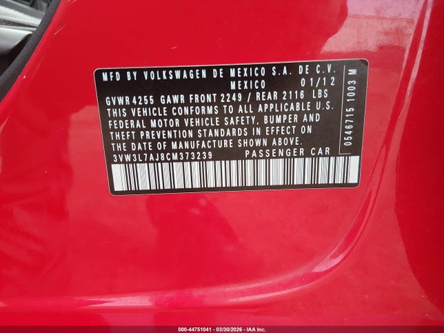 44751041 :رقم المزاد ، 3VW3L7AJ8CM373239 vin ، 2012 Volkswagen Jetta 2.0l Tdi مزاد بيع