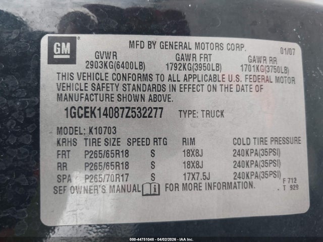 2007 Chevrolet Silverado 1500 Lt1 მანქანა იყიდება აუქციონზე, vin: 1GCEK14087Z532277, აუქციონის ნომერი: 44751048
