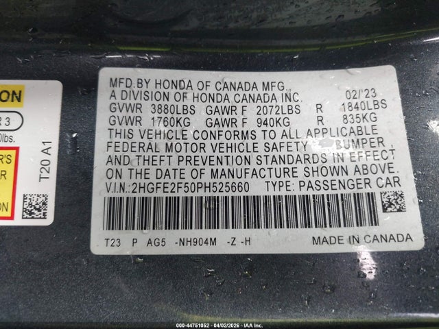 44751052 :رقم المزاد ، 2HGFE2F50PH525660 vin ، 2023 Honda Civic Sport مزاد بيع