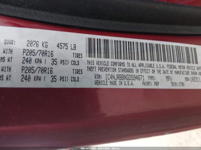 44751065 :رقم المزاد ، 1C4NJRBBXGD594671 vin ، 2016 Jeep Patriot Sport مزاد بيع