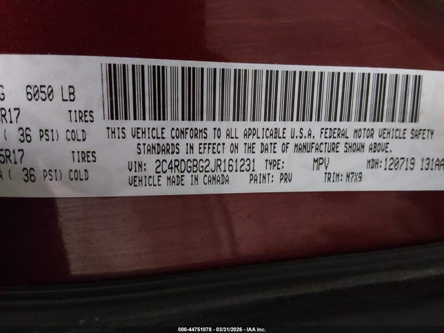 2C4RDGBG2JR161231 Dodge Grand Caravan Se Plus