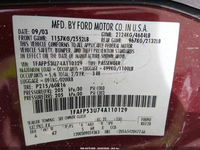 Продажа на аукционе авто 2004 Ford Taurus Se, vin: 1FAFP53U74A110129, номер лота: 44751089