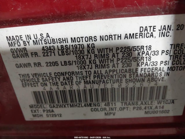 2014 Mitsubishi Outlander Sport Es მანქანა იყიდება აუქციონზე, vin: 4A4AR3AU7EE022674, აუქციონის ნომერი: 44751092