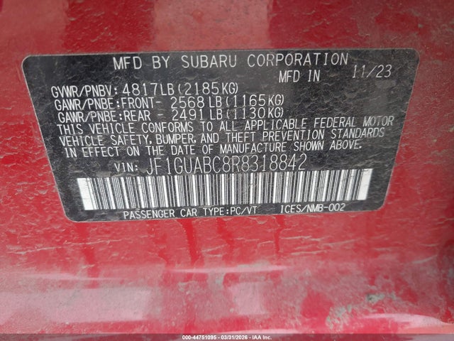 Aukcja sprzedaży 2024 Subaru Impreza Base 5-door, vin: JF1GUABC8R8318842, numer aukcji: 44751095