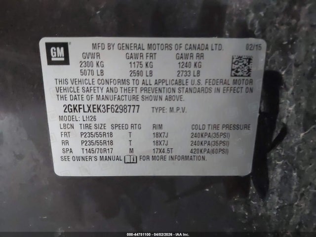 44751100 :رقم المزاد ، 2GKFLXEK3F6298777 vin ، 2015 Gmc Terrain Slt-1 مزاد بيع