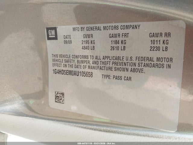 Aukcja sprzedaży 2010 Buick Lucerne Cxl, vin: 1G4HD5EM0AU105658, numer aukcji: 44751119