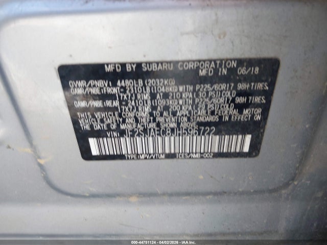 44751124 :رقم المزاد ، JF2SJAEC8JH596722 vin ، 2018 Subaru Forester 2.5i Premium مزاد بيع