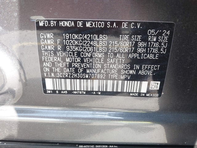 Aukcja sprzedaży 2025 Honda Hr-v Awd Lx, vin: 3CZRZ2H30SM707892, numer aukcji: 44751142