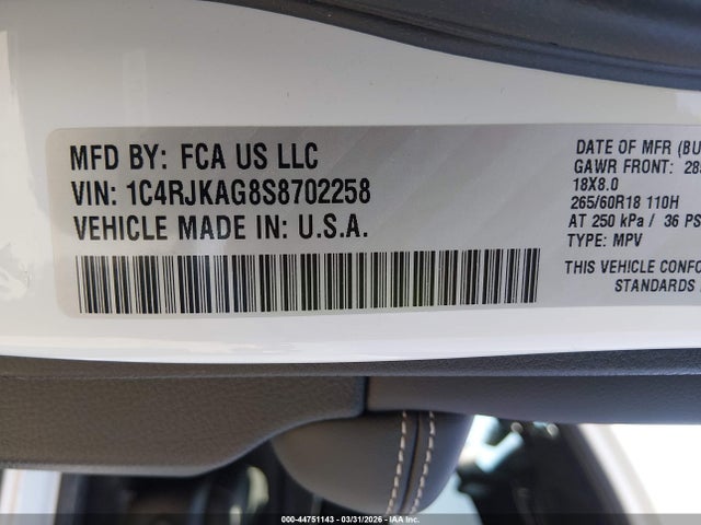 Продаж на аукціоні авто 2025 Jeep Grand Cherokee L Altitude X 4x4, vin: 1C4RJKAG8S8702258, номер лоту: 44751143