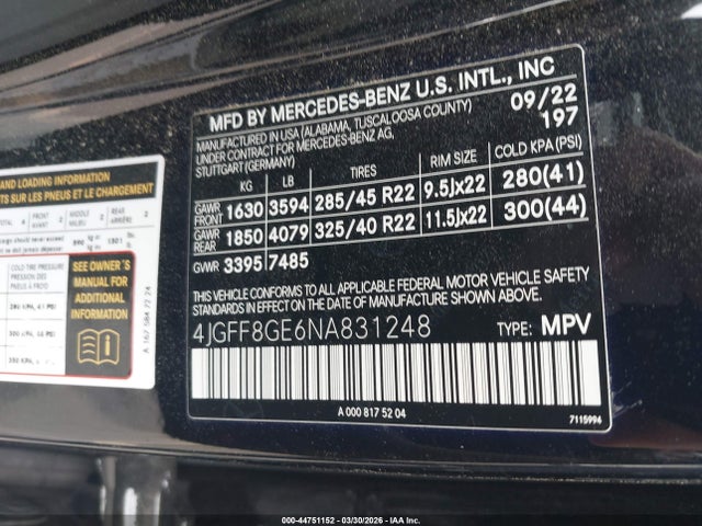 Aukcja sprzedaży 2022 Mercedes-benz Gls 580 4matic, vin: 4JGFF8GE6NA831248, numer aukcji: 44751152