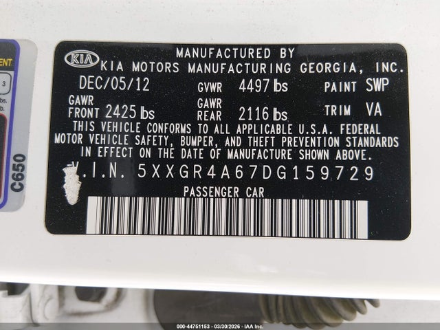 Aukcja sprzedaży 2013 Kia Optima Sx, vin: 5XXGR4A67DG159729, numer aukcji: 44751153