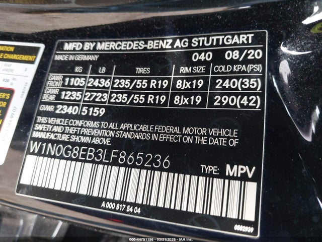 44751156 :رقم المزاد ، W1N0G8EB3LF865236 vin ، 2020 Mercedes-benz Glc 300 4matic مزاد بيع