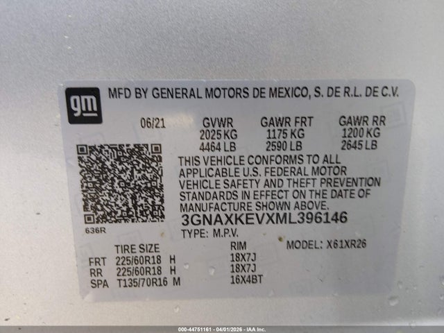 Aukcja sprzedaży 2021 Chevrolet Equinox Fwd Lt, vin: 3GNAXKEVXML396146, numer aukcji: 44751161