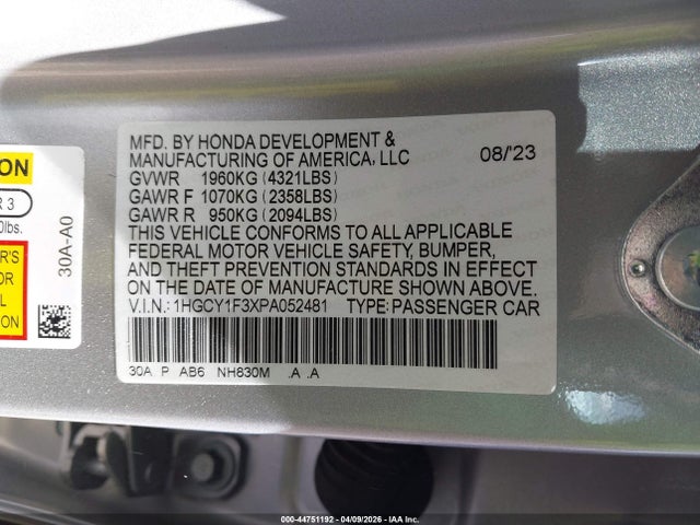 Aukcja sprzedaży 2023 Honda Accord Ex, vin: 1HGCY1F3XPA052481, numer aukcji: 44751192