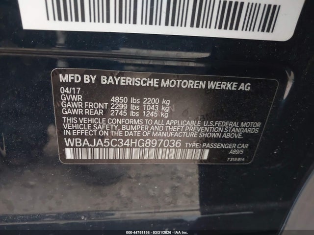 Aukcja sprzedaży 2017 Bmw 530i, vin: WBAJA5C34HG897036, numer aukcji: 44751198