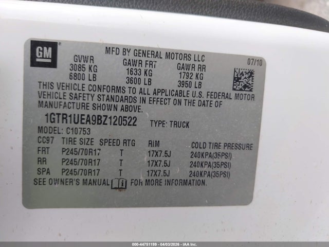Aukcja sprzedaży 2011 Gmc Sierra 1500 Sl, vin: 1GTR1UEA9BZ120522, numer aukcji: 44751199