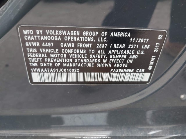 Продаж на аукціоні авто 2018 Volkswagen Passat 2.0t R-line/2.0t S, vin: 1VWAA7A31JC016322, номер лоту: 44751202