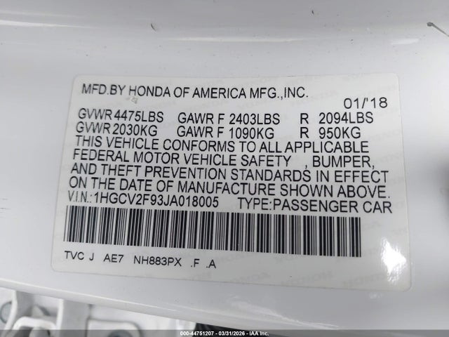 1HGCV2F93JA018005 Honda Accord Touring 2.0t
