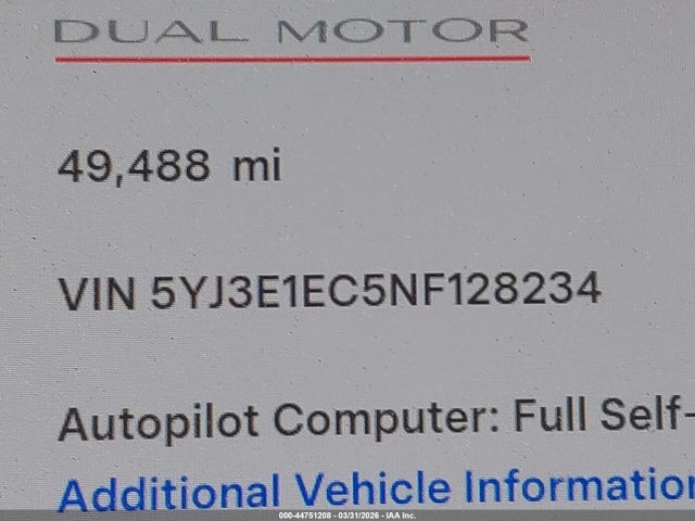 5YJ3E1EC5NF128234 Tesla Model 3 Performance Dual Motor All-wheel Drive