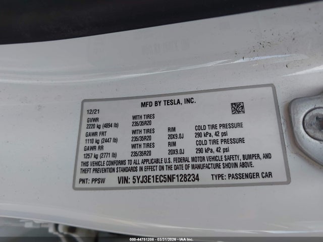 5YJ3E1EC5NF128234 Tesla Model 3 Performance Dual Motor All-wheel Drive