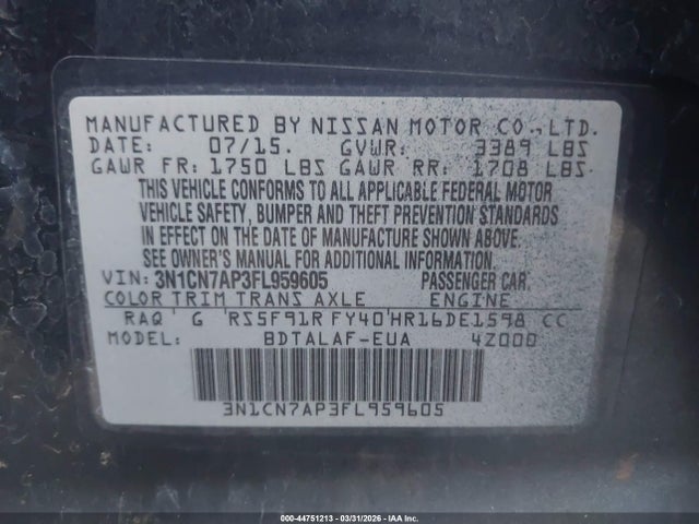 Nissan Versa 1.6 S 2015 3N1CN7AP3FL959605 Image 9