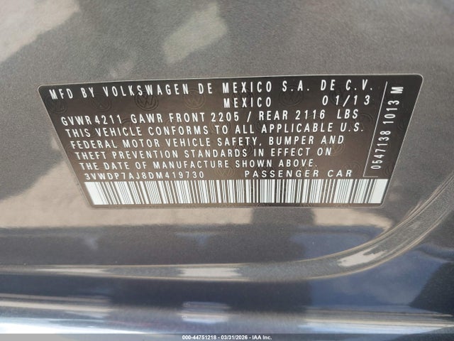 44751218 :رقم المزاد ، 3VWDP7AJ8DM419730 vin ، 2013 Volkswagen Jetta 2.5l Se مزاد بيع